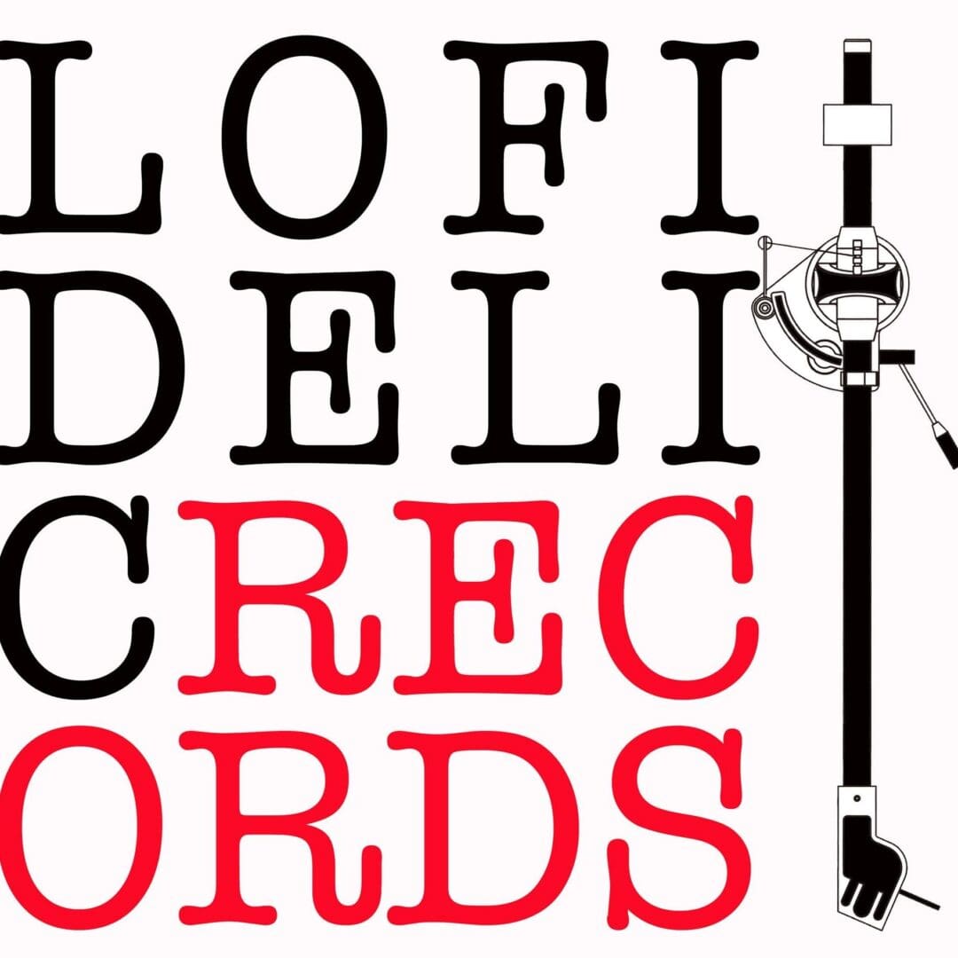 Logo for LoFi Deli Records featuring a turntable tonearm and bold text.