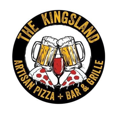 Logo of The Kingsland Artisan Pizza, Bar & Grille with beer and wine illustrations.