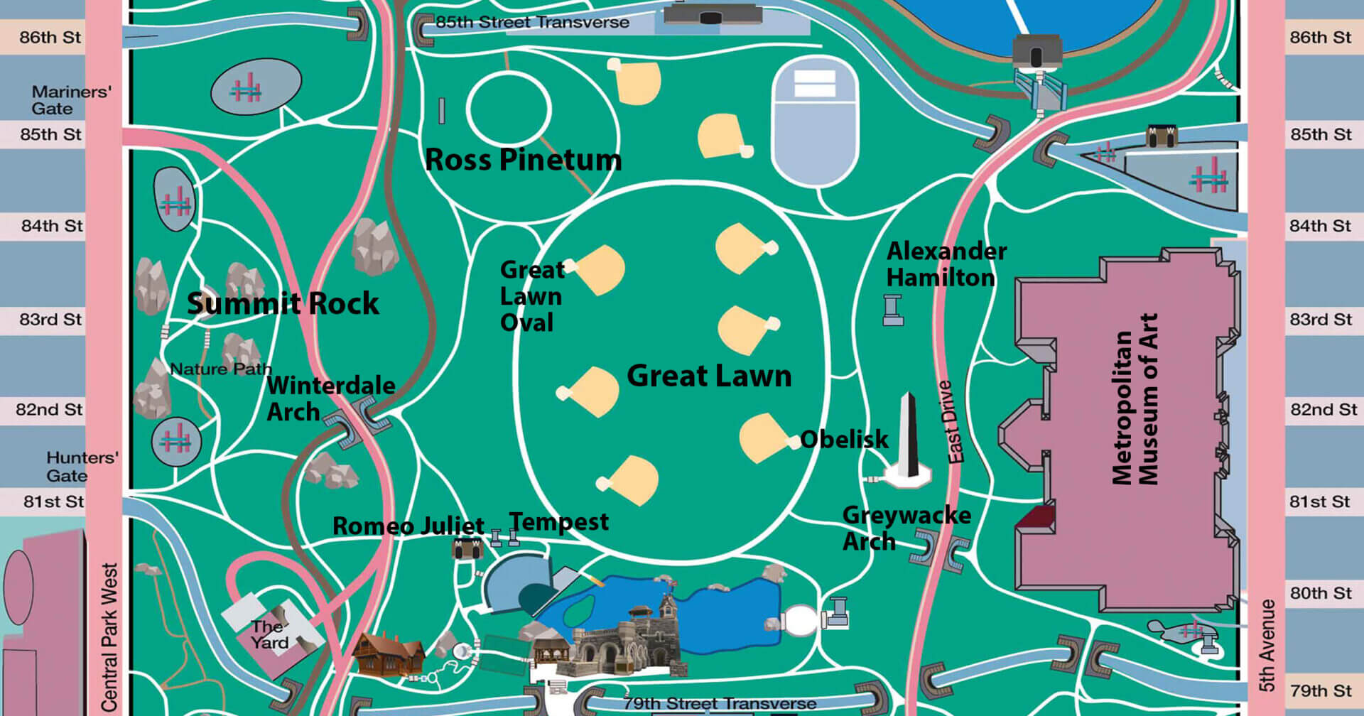 Map section focusing on Ross Pinetum and Great Lawn area with landmarks.